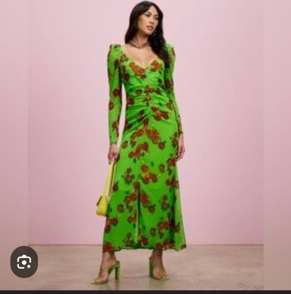 NWOT Topshop Lime Green Dress With Red Roses & A Cut Out Back Size 6